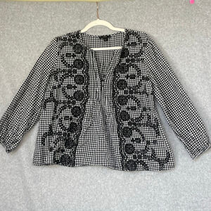J.Crew Women's Large Black White Gingham Embroidered Blouse 3/4 Sleeve #03